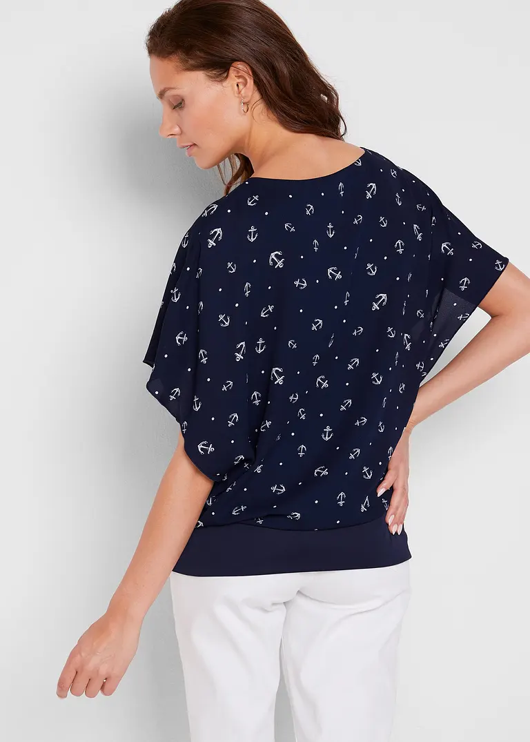 Bonprix Luftige Kurzärmlige Georgette-Bluse Mit Breitem Bund Am Saumen