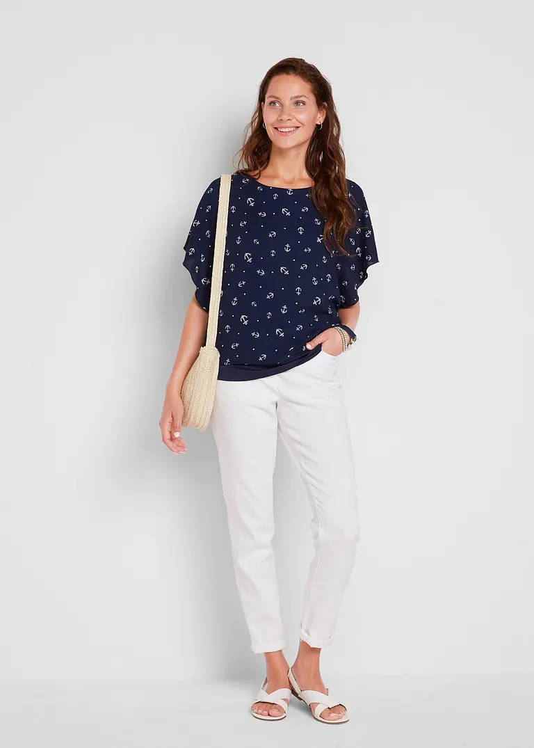 Bonprix Luftige Kurzärmlige Georgette-Bluse Mit Breitem Bund Am Saumen