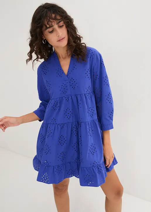 Bonprix Luftiges Tunika-Kleid Mit Lochstickerei - Blau Regular