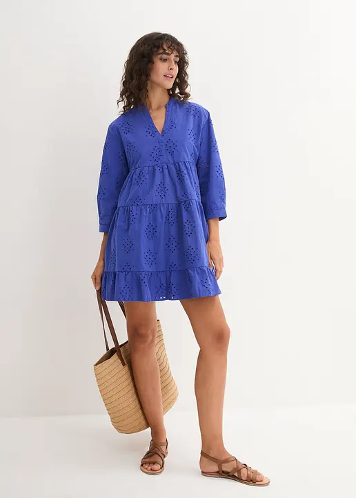 Bonprix Luftiges Tunika-Kleid Mit Lochstickerei - Blau Regular