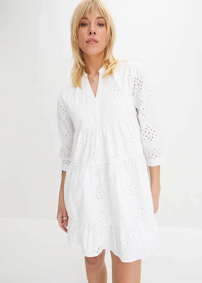 Bonprix Luftiges Tunika-Kleid Mit Lochstickerei - Weiß Regular