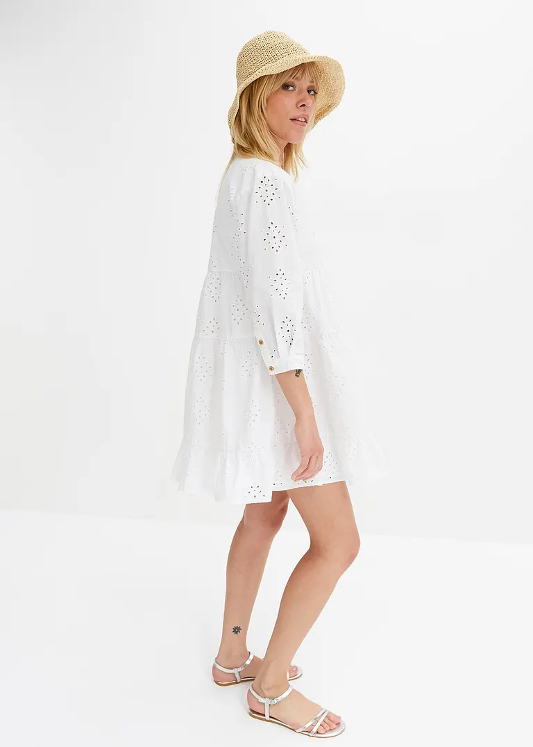 Bonprix Luftiges Tunika-Kleid Mit Lochstickerei - Weiß Regular