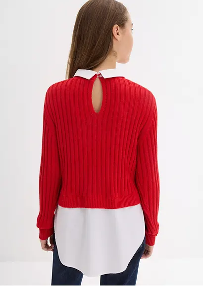 Bonprix Mädchen Feinstrickpullover Mit Kontrastfarbigen Blusenbesatz