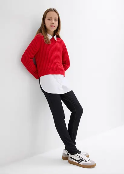 Bonprix Mädchen Feinstrickpullover Mit Kontrastfarbigen Blusenbesatz
