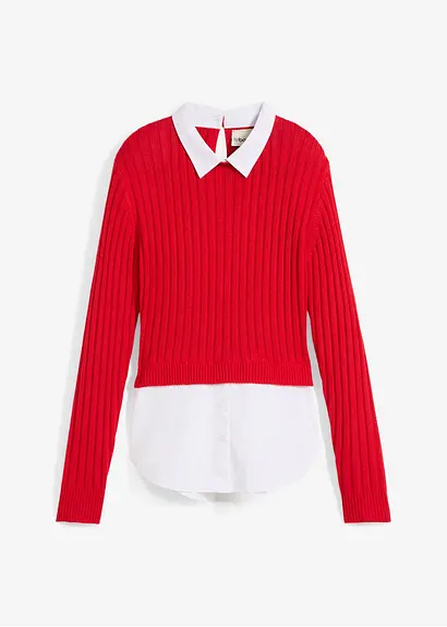 bonprix Mädchen Feinstrickpullover mit kontrastfarbigen Blusenbesatz