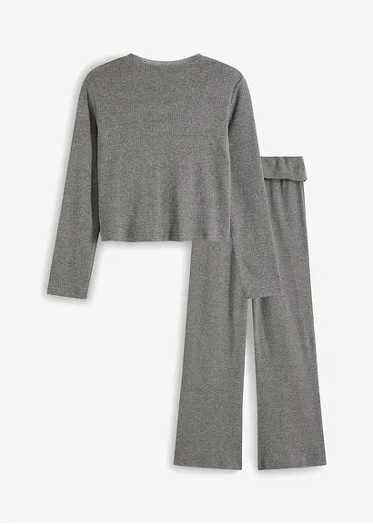 Bonprix Mädchen Langarmshirt Mit Spitze Am Ausschnitt Und Mit Bequemer Ausgestellter Hose (2-tlg. Set)