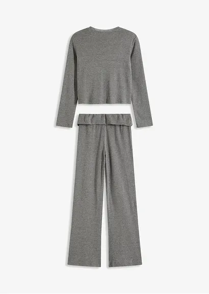 Bonprix Mädchen Langarmshirt Mit Spitze Am Ausschnitt Und Mit Bequemer Ausgestellter Hose (2-tlg. Set)