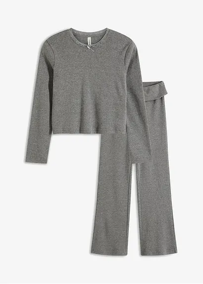 bonprix Mädchen Langarmshirt mit Spitze am Ausschnitt und mit bequemer ausgestellter Hose (2-tlg. Set)
