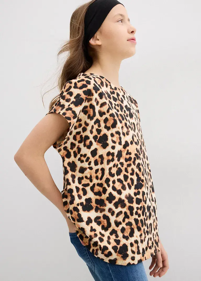 Bonprix Mädchen T-Shirt Im Schönen 2er-Pack - Schwarz+beige Bedruckt