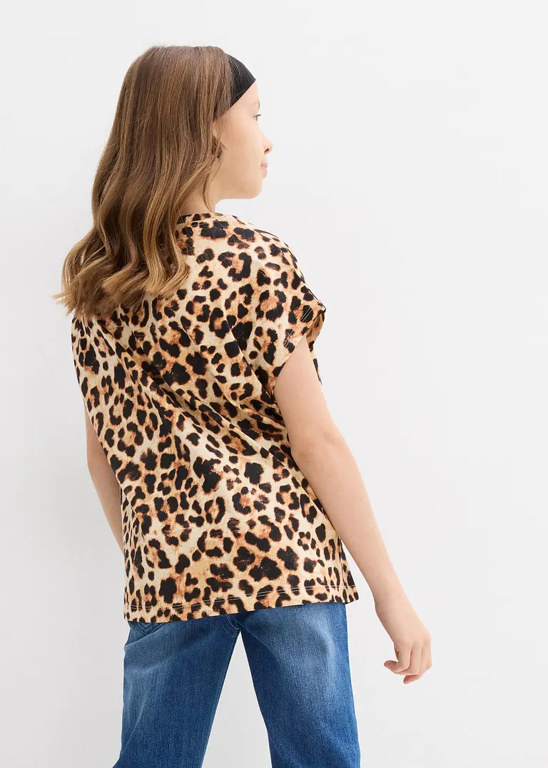 Bonprix Mädchen T-Shirt Im Schönen 2er-Pack - Schwarz+beige Bedruckt