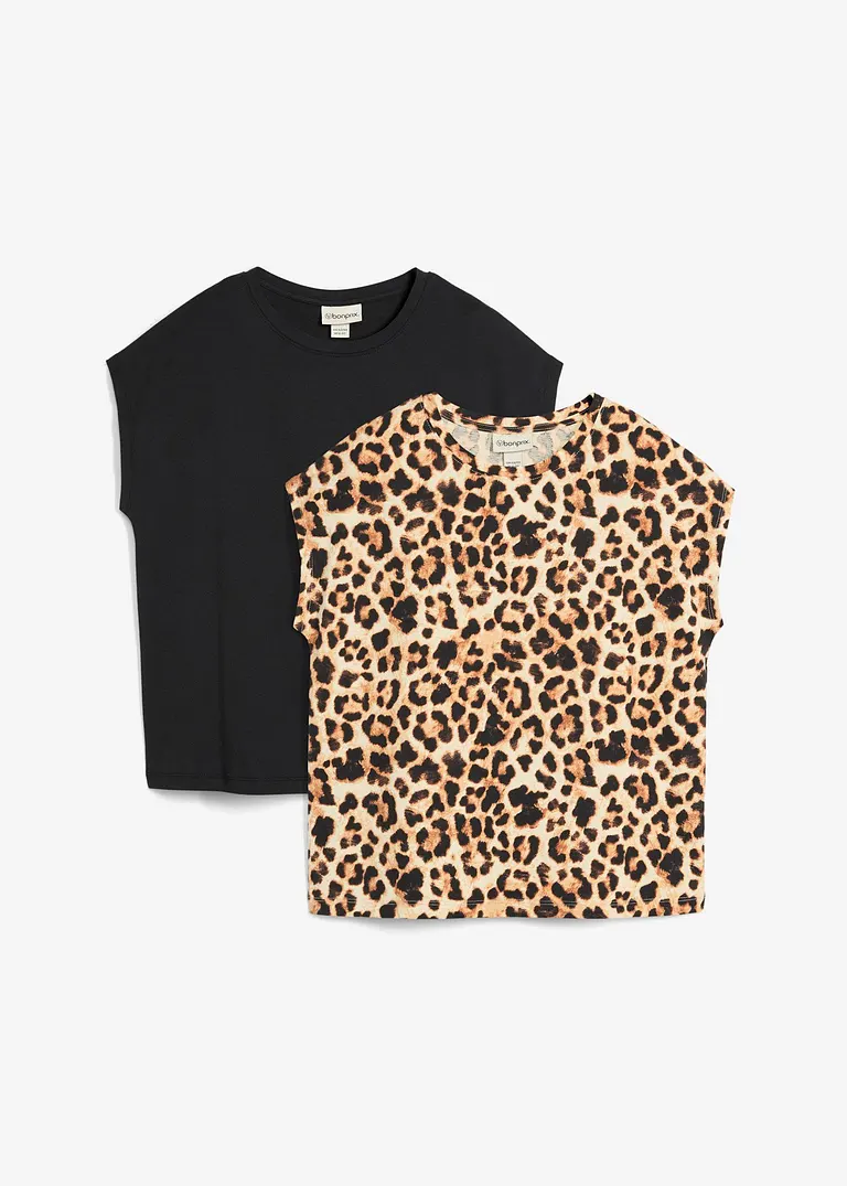 bonprix Mädchen T-Shirt im schönen 2er-Pack - schwarz+beige bedruckt