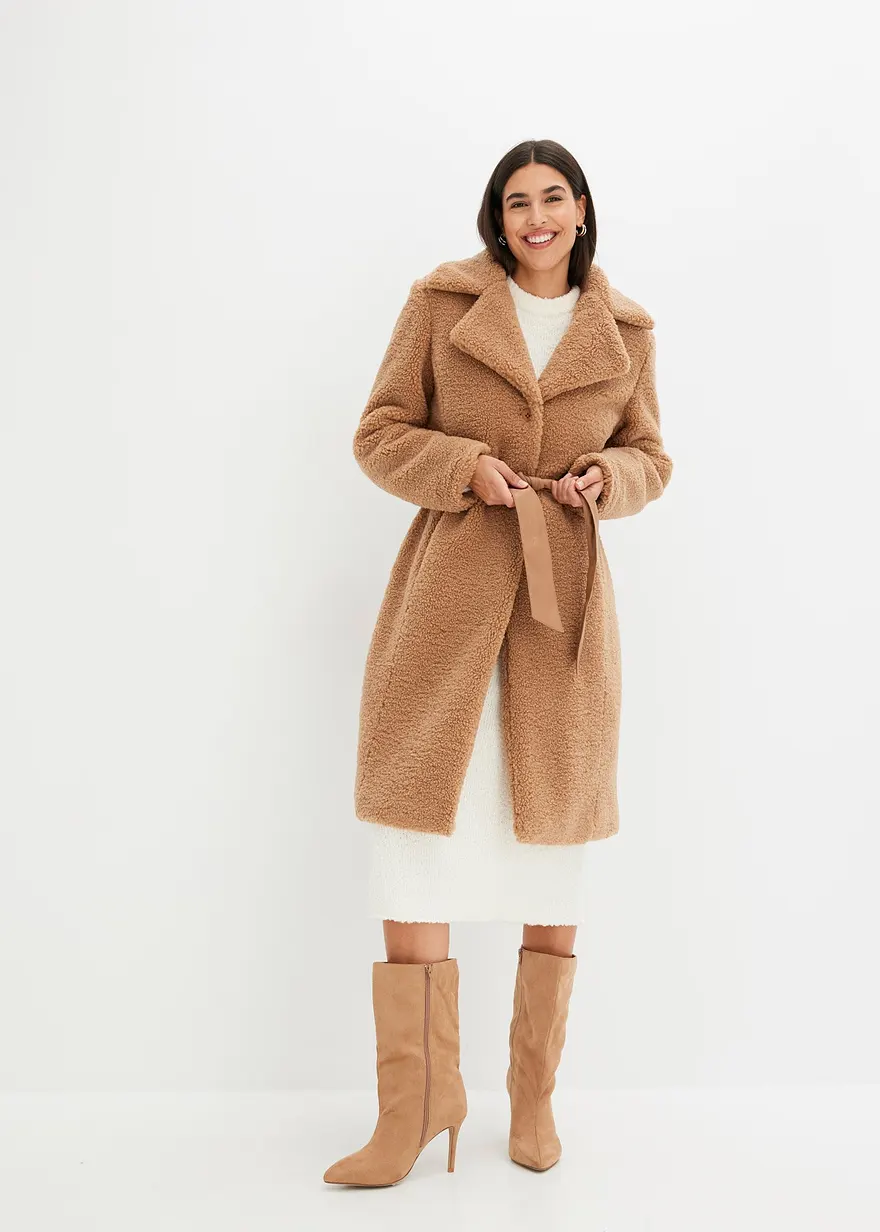 Bonprix Mantel Im Fellimitat-Look Mit Gürtel - Braun - Damen