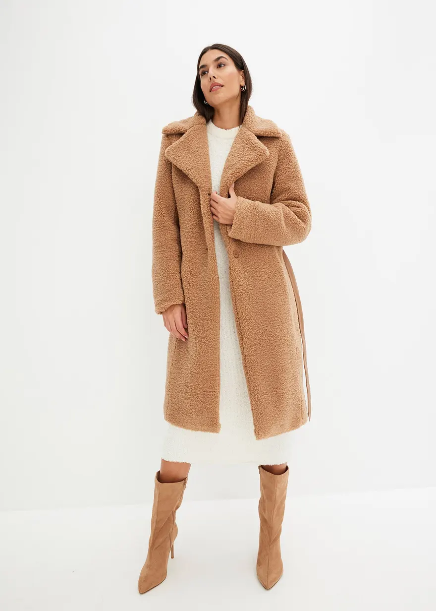 Bonprix Mantel Im Fellimitat-Look Mit Gürtel - Braun - Damen