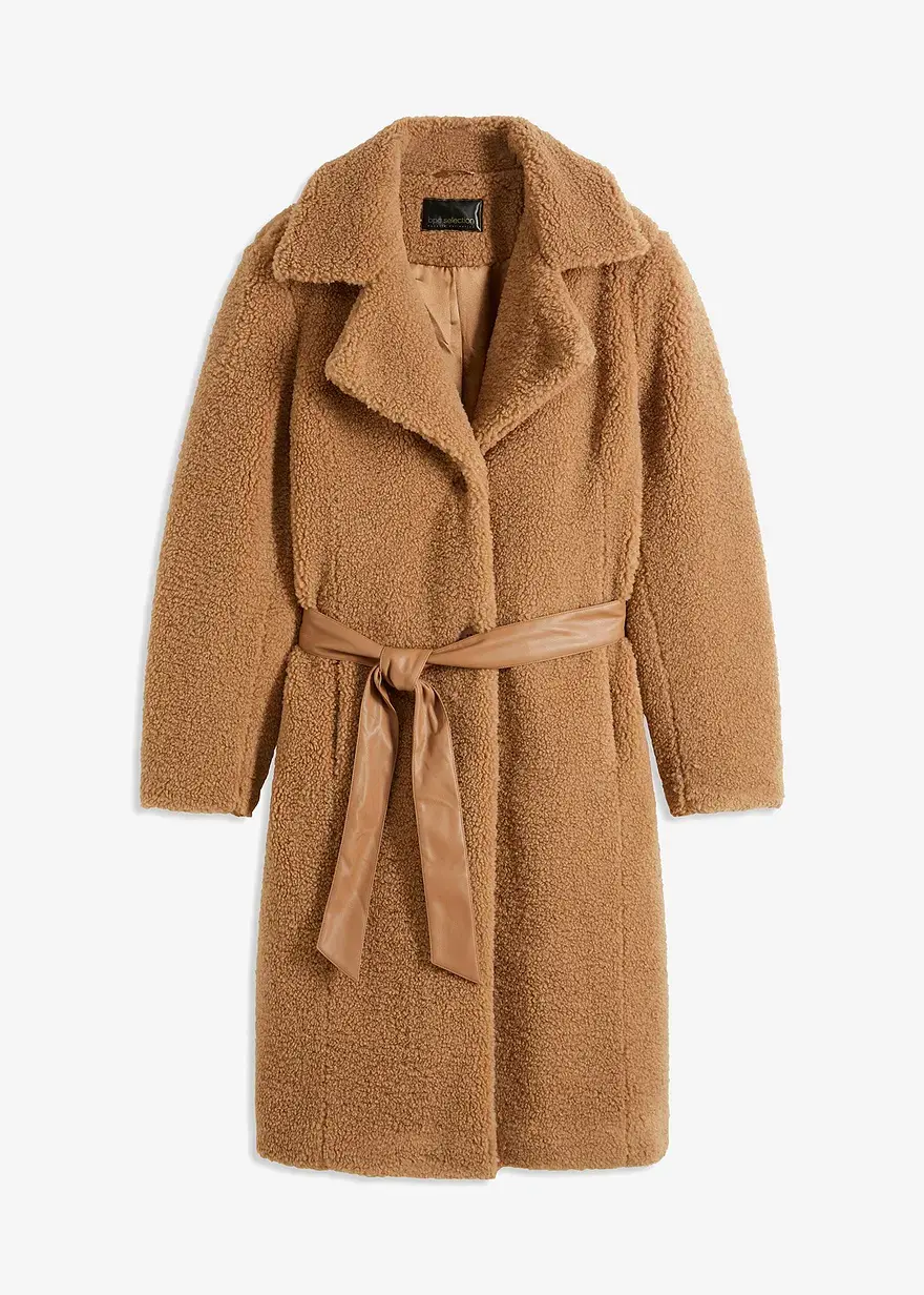 bonprix Mantel im Fellimitat-Look mit Gürtel - braun - Damen