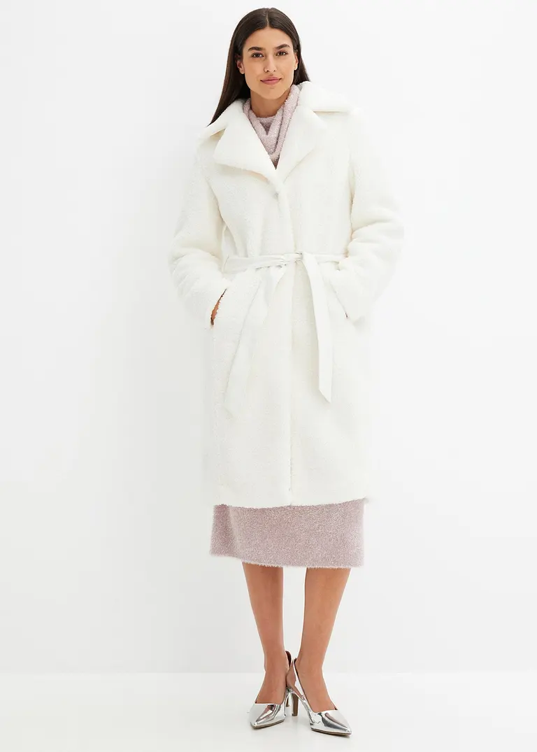 Bonprix Mantel Im Fellimitat-Look Mit Gürtel - Weiß - Damen