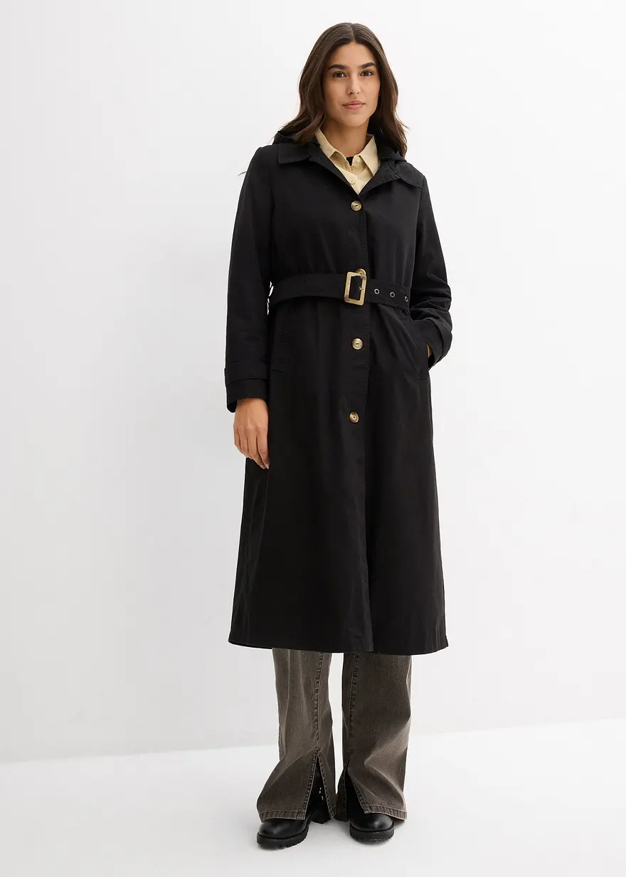 Bonprix Mantel In Trench-Optik Mit Abnehmbarer Kapuze - Schwarz