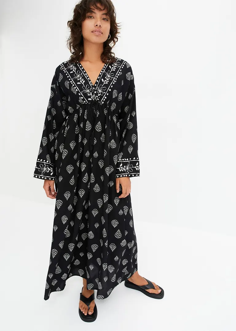 Bonprix Maxi Webkleid Aus Viskose Mit Bindedetail - Schwarz