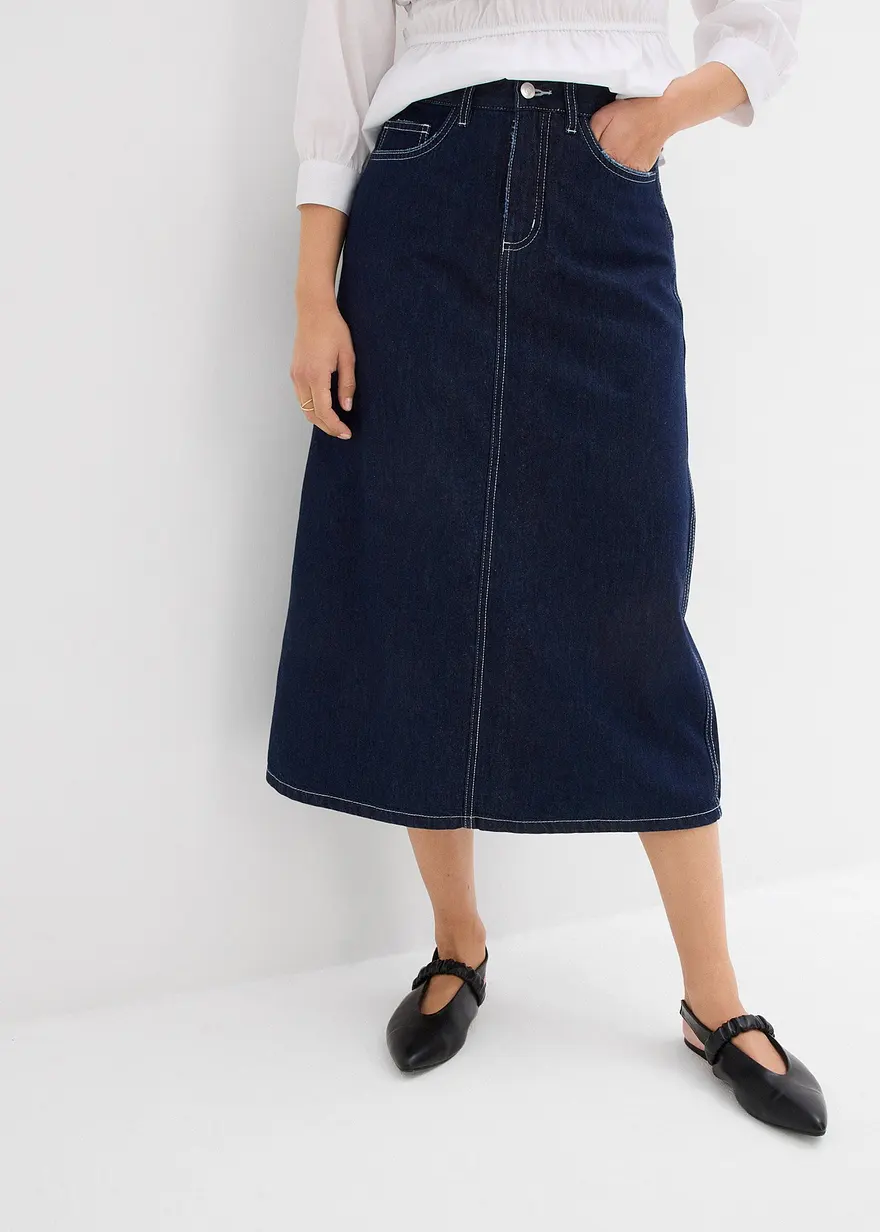 Bonprix Midi Jeansrock Mit Mittlerem Bund - Blau Regular