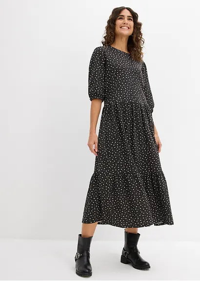 Bonprix Midi-Kleid Mit Elastik-Einsatz Am Ärmel - Schwarz