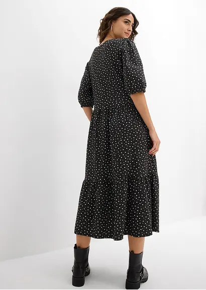 Bonprix Midi-Kleid Mit Elastik-Einsatz Am Ärmel - Schwarz