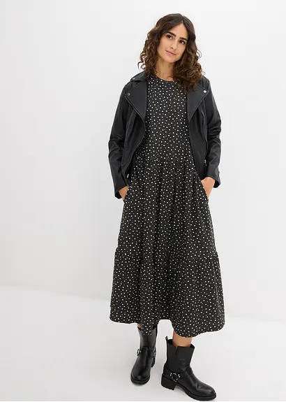 Bonprix Midi-Kleid Mit Elastik-Einsatz Am Ärmel - Schwarz