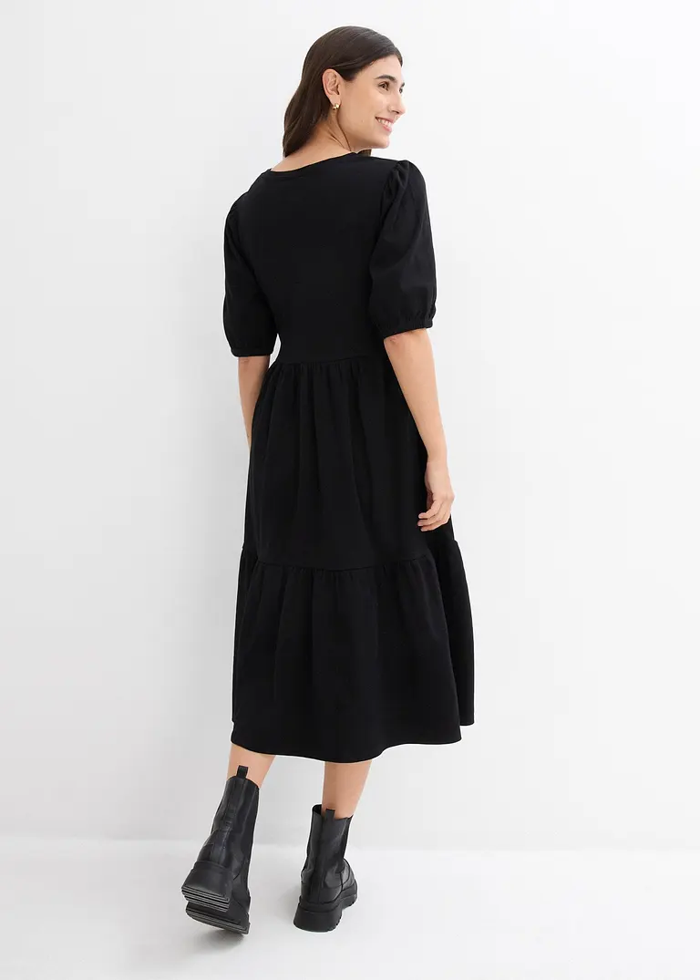 Bonprix Midi-Kleid Mit Elastik-Einsatz Am Ärmel - Schwarz