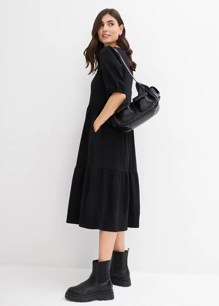 Bonprix Midi-Kleid Mit Elastik-Einsatz Am Ärmel - Schwarz