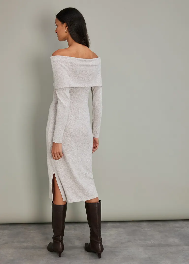 Bonprix Midikleid Mit Carmenausschnitt Und Seitlichem Schlitz - Beige