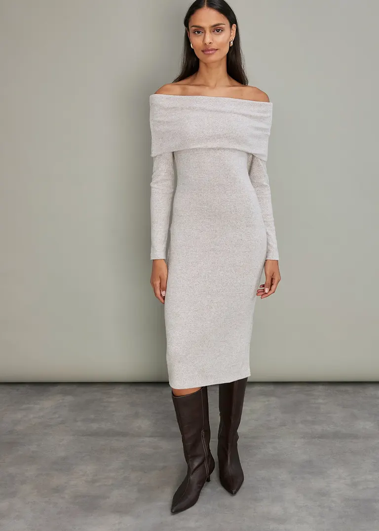 Bonprix Midikleid Mit Carmenausschnitt Und Seitlichem Schlitz - Beige