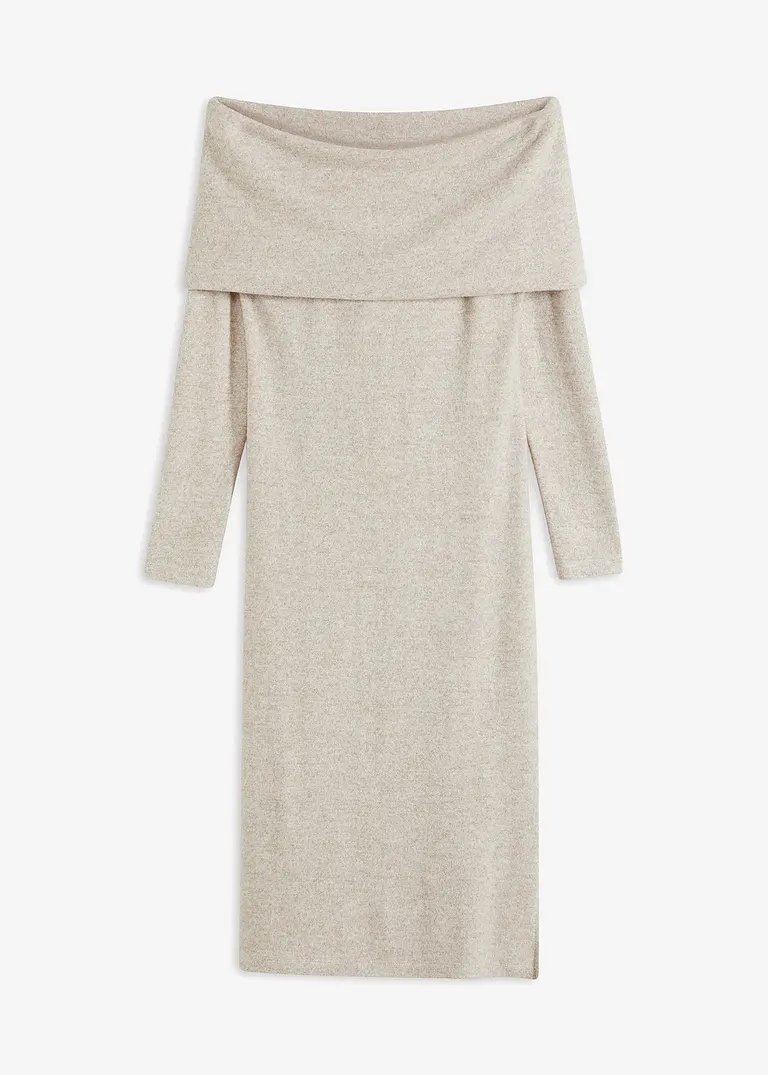 bonprix Midikleid mit Carmenausschnitt und seitlichem Schlitz - beige