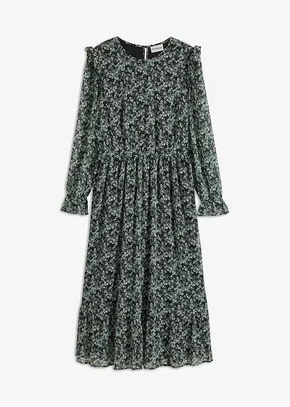 bonprix Midikleid mit Flügelärmeln und Volantsaum - schwarz petite