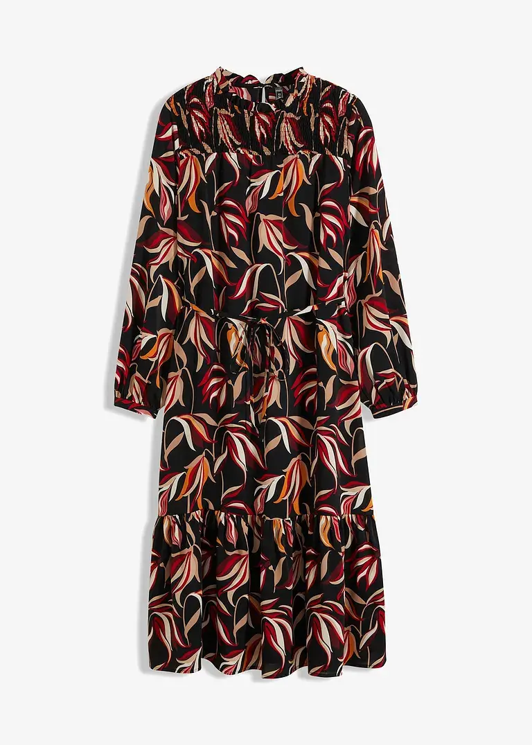 bonprix Midikleid mit Smokeinsatz und Gürtel - schwarz - Damen