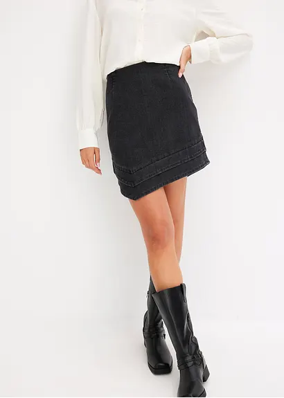 Bonprix Mini-Jeansrock Mit Asymetrischem Saum - Schwarz - Damen