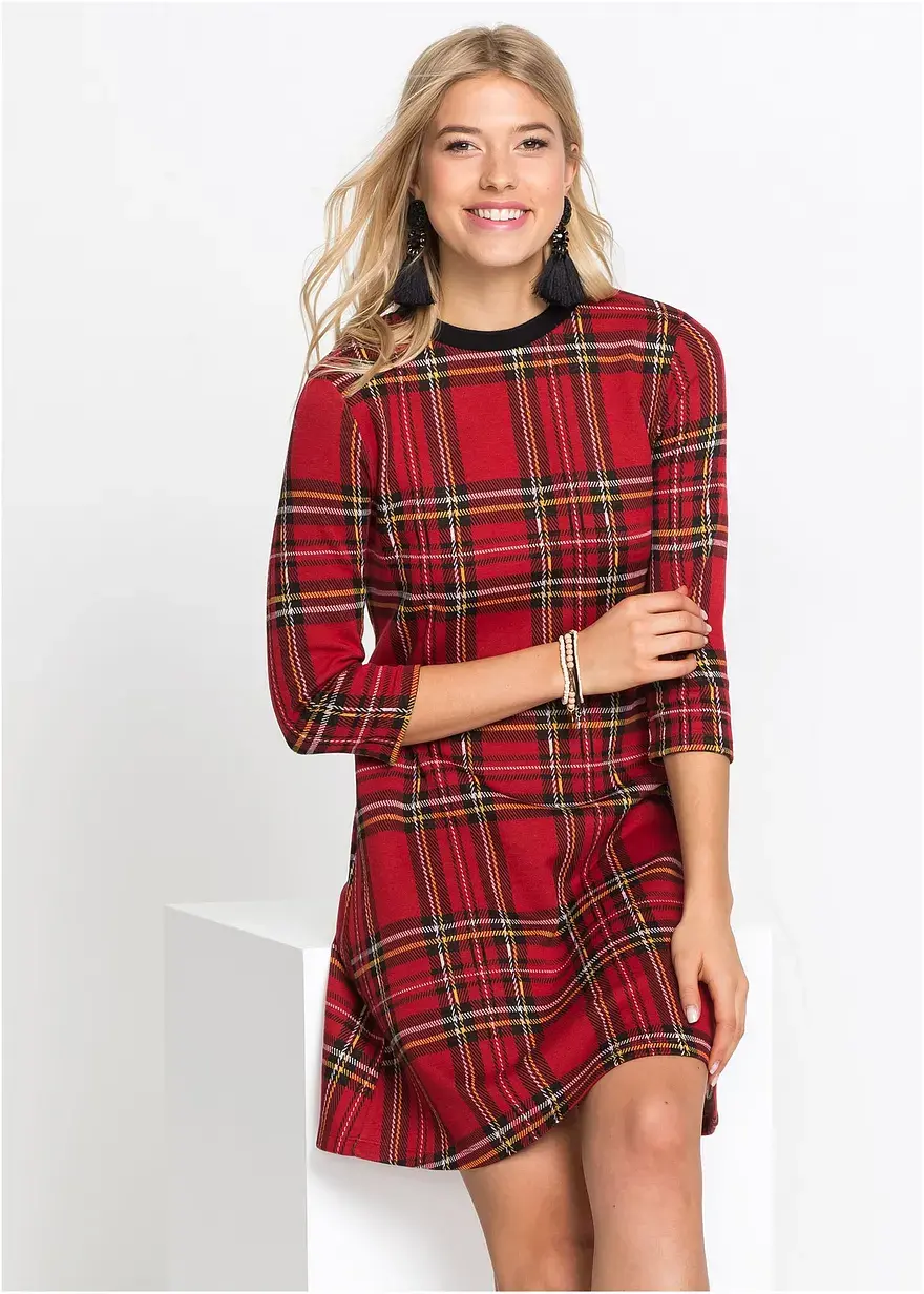 Bonprix Minikleid Aus Jacaquard Mit Karomuster Und 3/4 Ärmeln - Rot