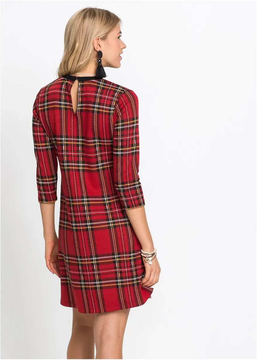 Bonprix Minikleid Aus Jacaquard Mit Karomuster Und 3/4 Ärmeln - Rot