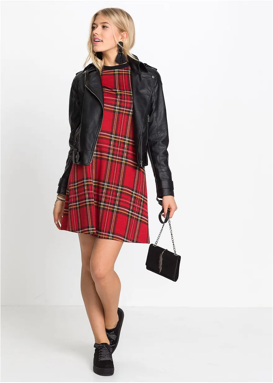 Bonprix Minikleid Aus Jacaquard Mit Karomuster Und 3/4 Ärmeln - Rot