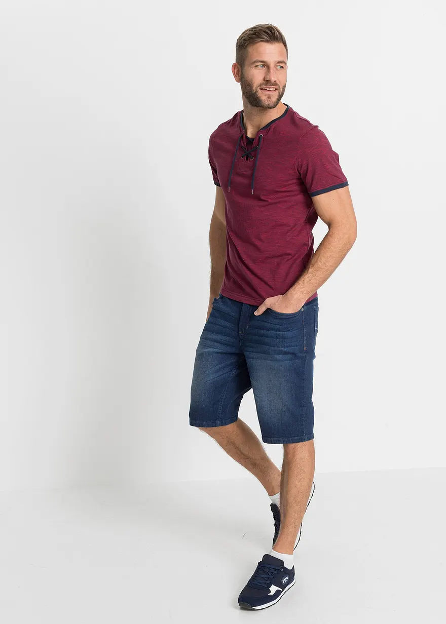 Bonprix Modern Meliertes T-Shirt Mit Schnürung - Blau - Herren