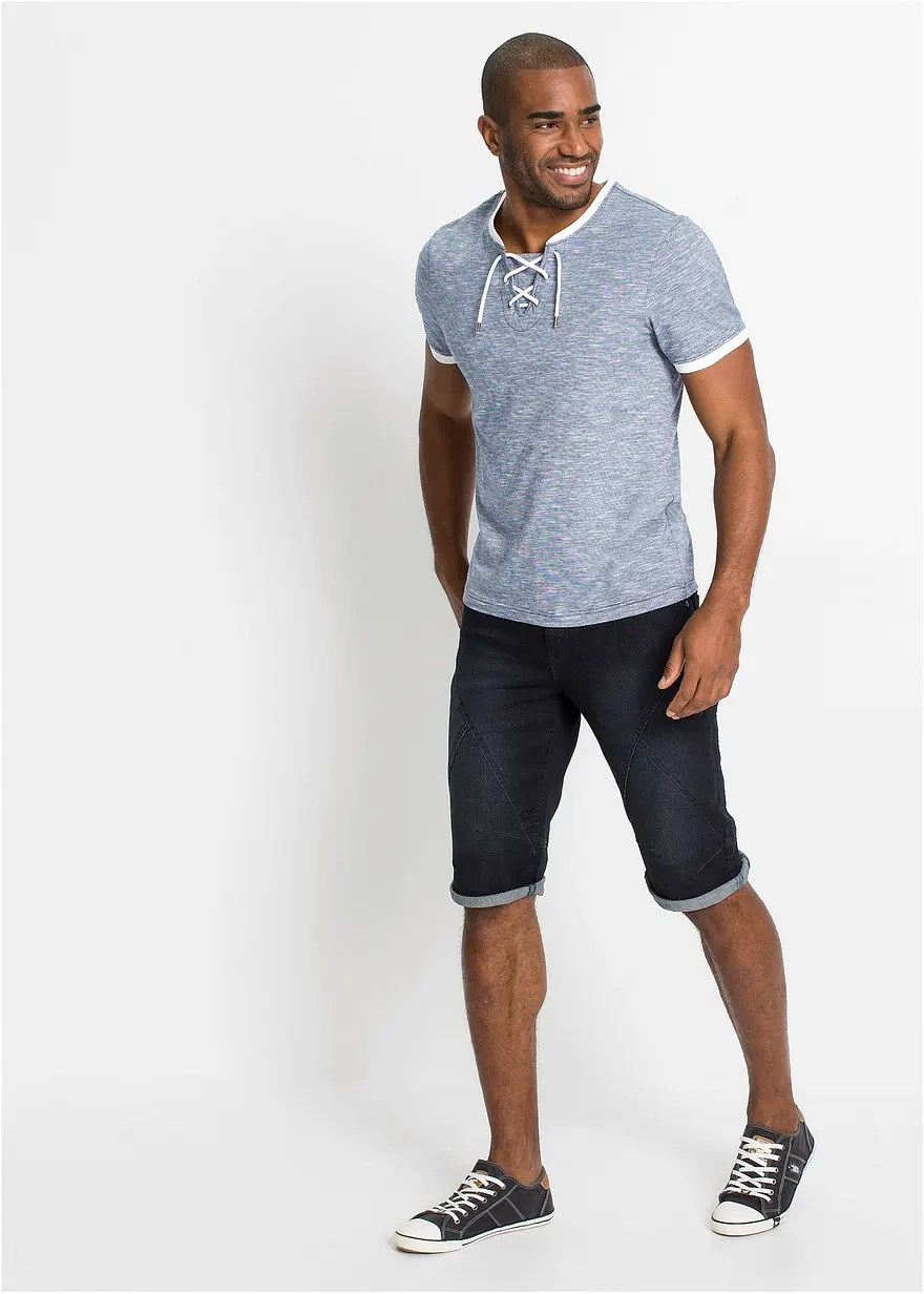 Bonprix Modern Meliertes T-Shirt Mit Schnürung - Blau - Herren