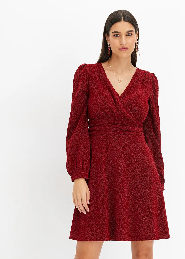 Bonprix Modern Und Feminin: Ausgestelltes Minikleid Aus Glitzerndem Material In Wickel-Optik Mit Ballon-Ärmel Und Taillen-Einsatz