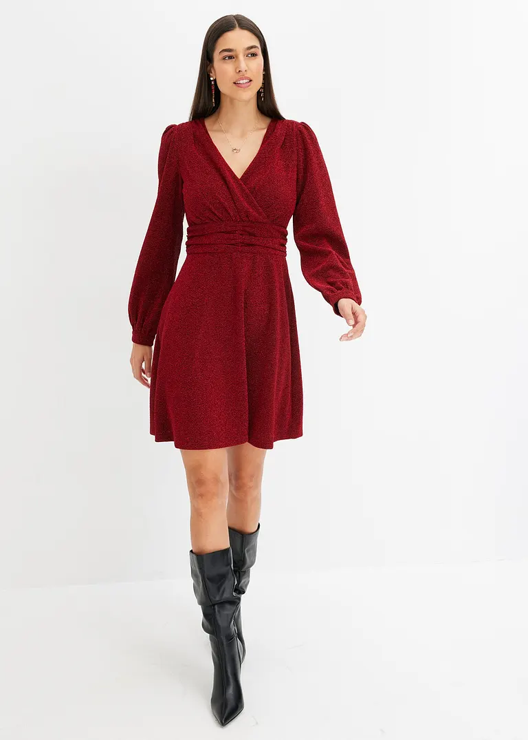 Bonprix Modern Und Feminin: Ausgestelltes Minikleid Aus Glitzerndem Material In Wickel-Optik Mit Ballon-Ärmel Und Taillen-Einsatz