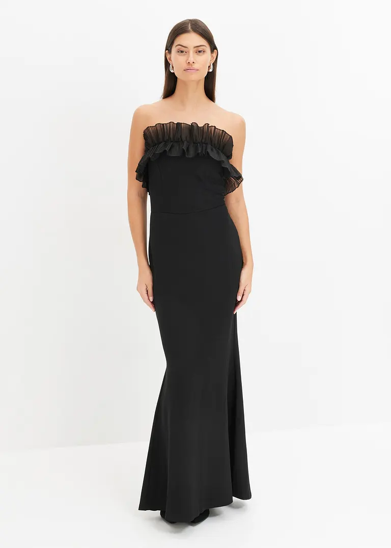 Bonprix Modern Und Feminin: Carmen-Kleid In Maxi-Länge Aus Strukturiertem Crepe Mit Besonderer Organza-Applikation Am Ausschnitt