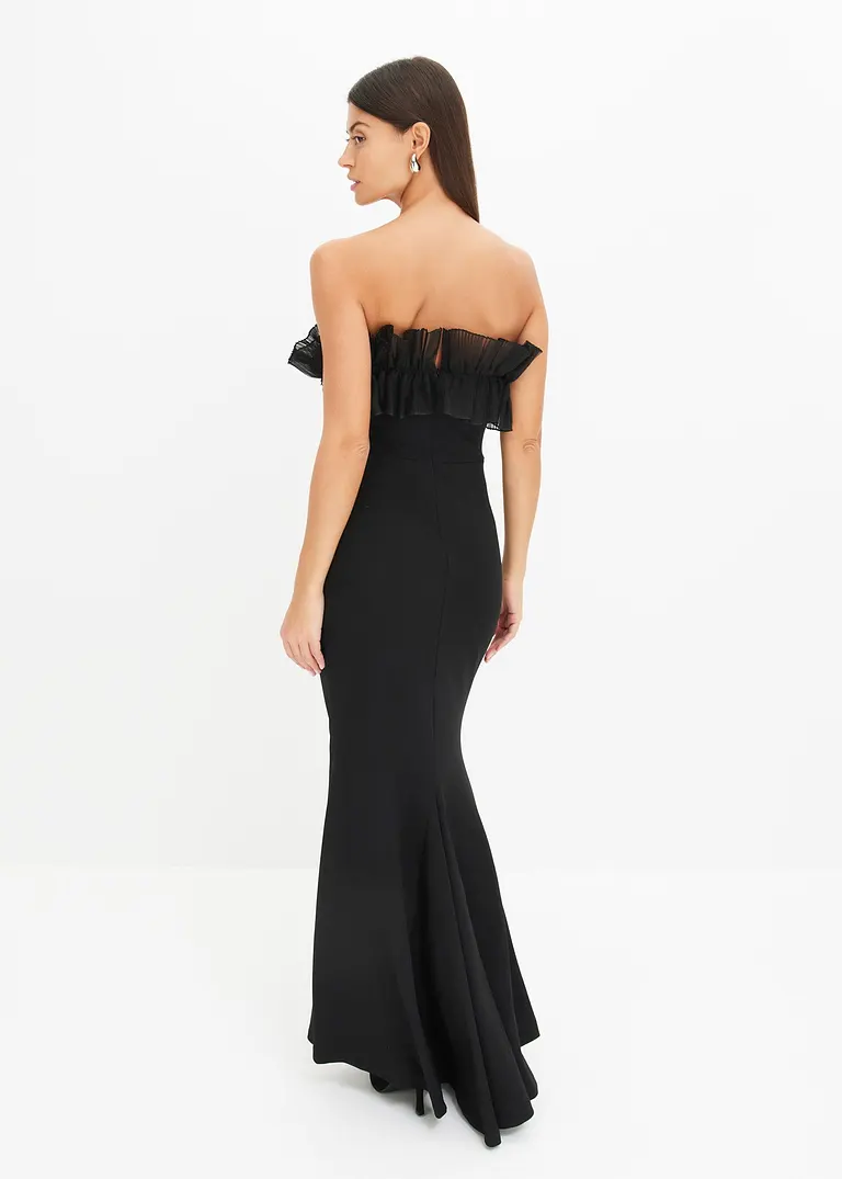Bonprix Modern Und Feminin: Carmen-Kleid In Maxi-Länge Aus Strukturiertem Crepe Mit Besonderer Organza-Applikation Am Ausschnitt