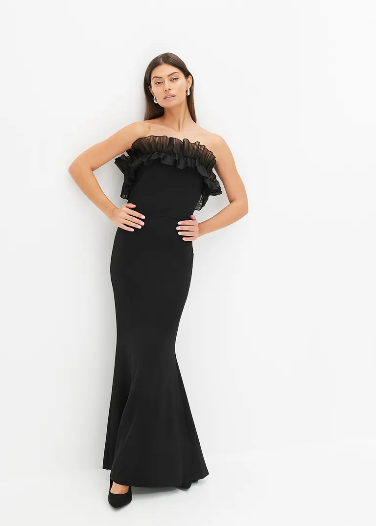 Bonprix Modern Und Feminin: Carmen-Kleid In Maxi-Länge Aus Strukturiertem Crepe Mit Besonderer Organza-Applikation Am Ausschnitt