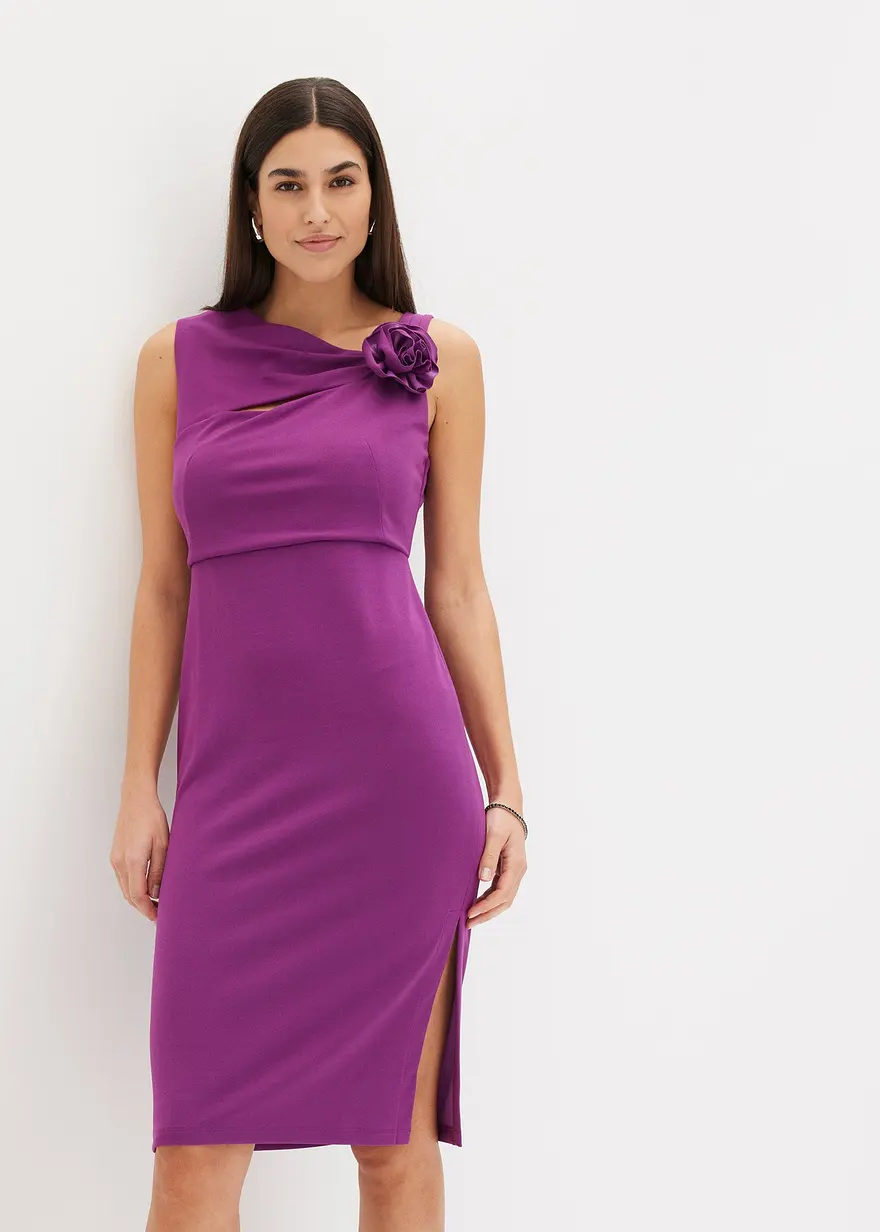 Bonprix Modern Und Feminin: Etui-Kleid In Mini-Länge Aus Fester Scuba-Qualität Mit Cut-Out Und Blumen-Applikation