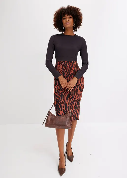 Bonprix Modern Und Feminin: Jerseykleid Mit Bedrucktem Rockteil. - Braun