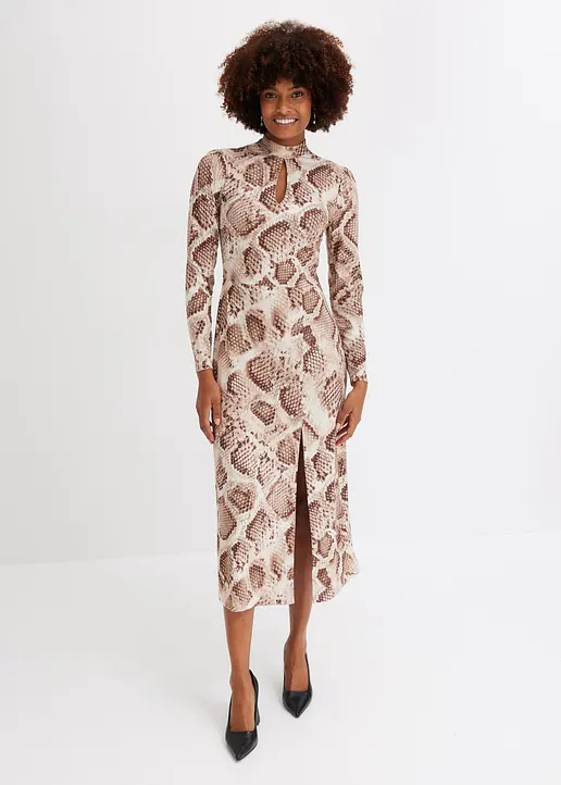Bonprix Modern Und Feminin: Jerseykleid Mit Stehkragen Und Keyhole-Ausschnitt Sowie Einem Langen Schlitz Am Rock