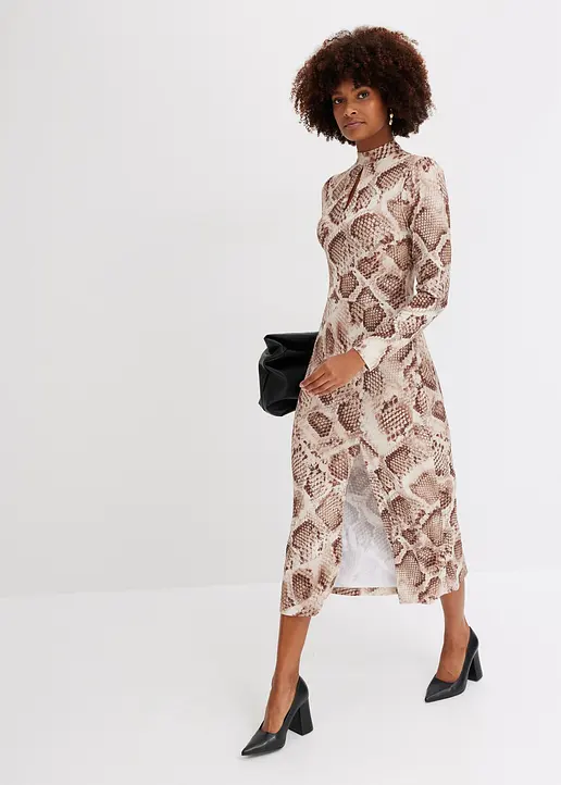Bonprix Modern Und Feminin: Jerseykleid Mit Stehkragen Und Keyhole-Ausschnitt Sowie Einem Langen Schlitz Am Rock