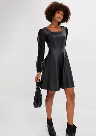 Bonprix Modern Und Feminin: Lederimitat-Kleid Mit Ballon-Ärmeln In Mesh