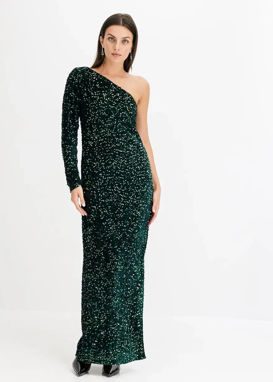 Bonprix Modern Und Feminin: Maxikleid Mit One-Shoulder Aus Softem Samt Mit Pailletten Und Langem Schlitz
