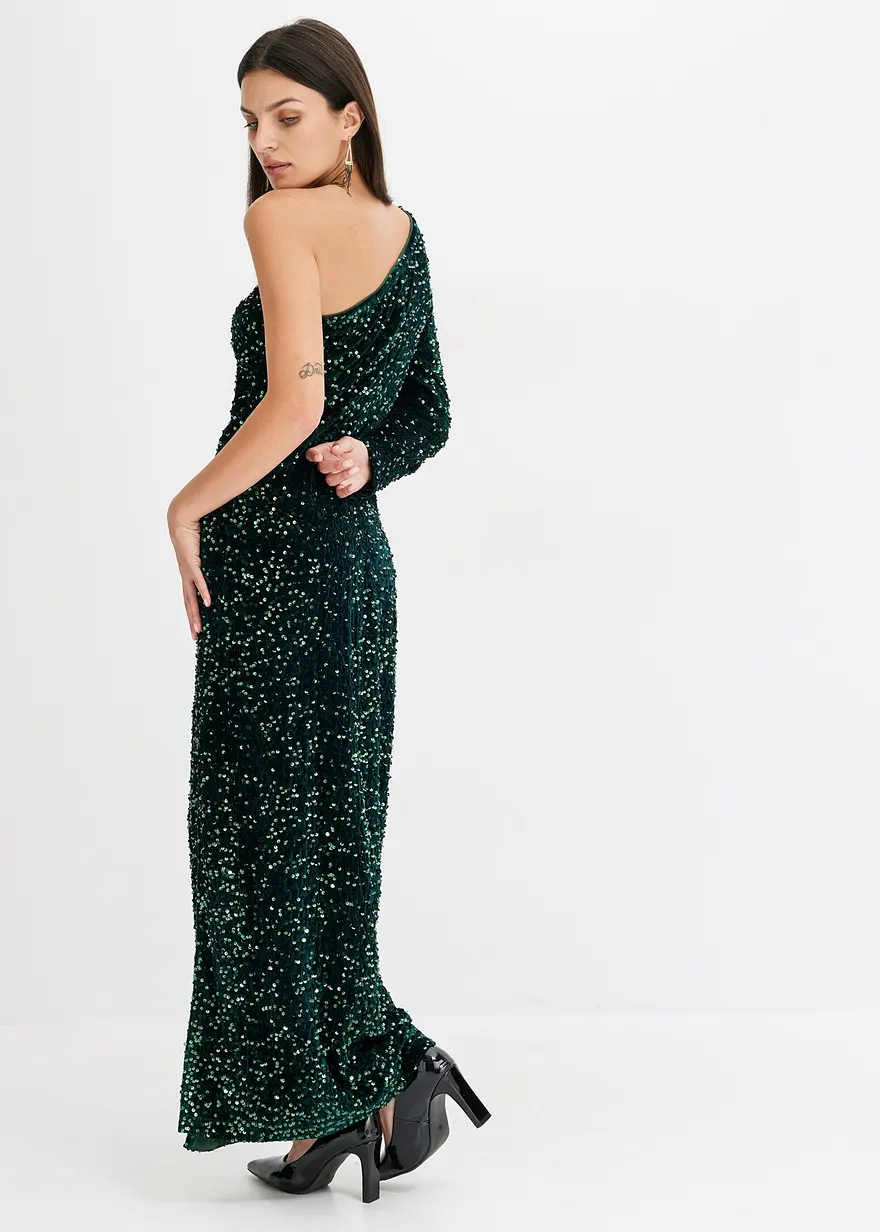 Bonprix Modern Und Feminin: Maxikleid Mit One-Shoulder Aus Softem Samt Mit Pailletten Und Langem Schlitz